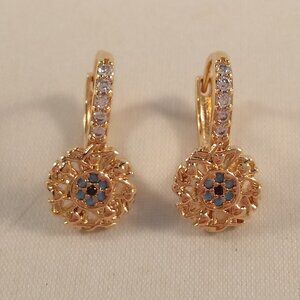 18K Yellow Gold Filled Flower Blue Diamond Zircon Drop Hoop Earrings Gorgeous